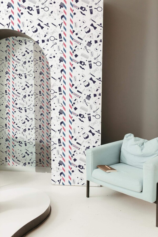 Mondern boho style living room decorated with Barber shop peel and stick wallpaper