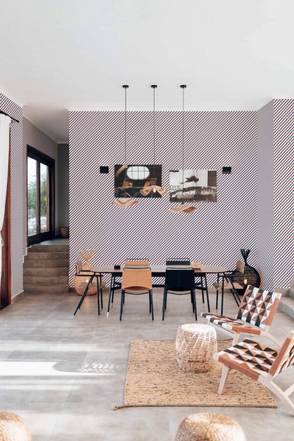 Modern boho style living dining room decorated with Barber shop stripes peel and stick wallpaper