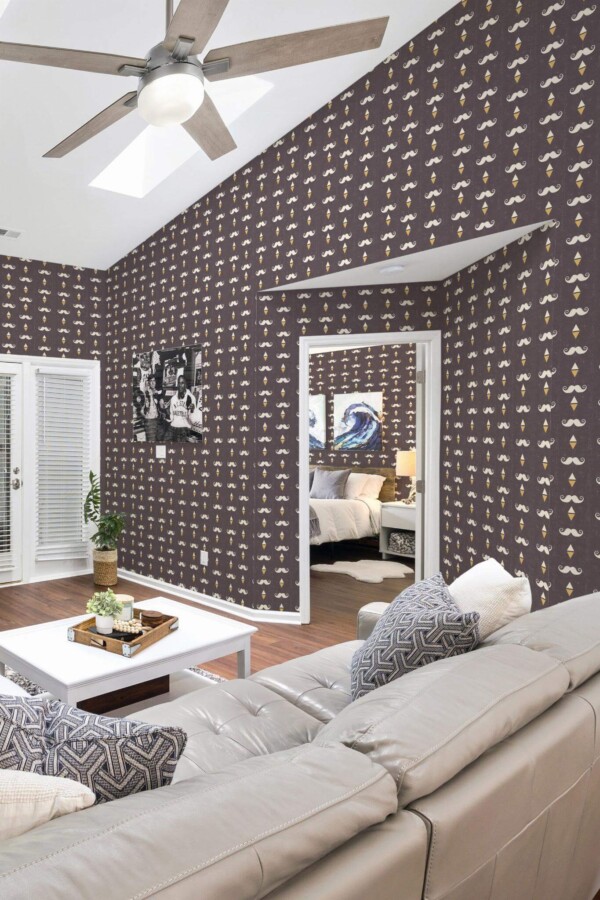 Coastal scandinavian style living room and bedroom decorated with Barber shop vintage peel and stick wallpaper