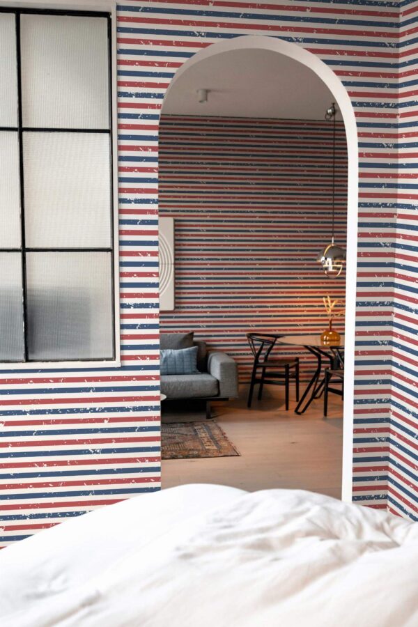 Modern scandinavian style living room decorated with Barber stripes peel and stick wallpaper