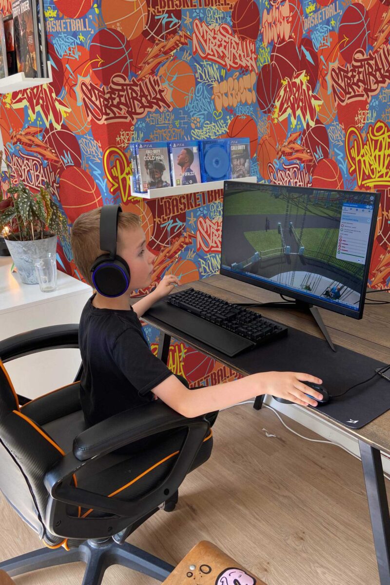 Urban Basketball Graffiti Wall Mural with bold orange and blue graffiti basketball design, ideal for game rooms, gyms, or sports-themed accent walls.