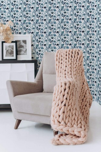 Boho style living room decorated with Bathroom blue floral peel and stick wallpaper