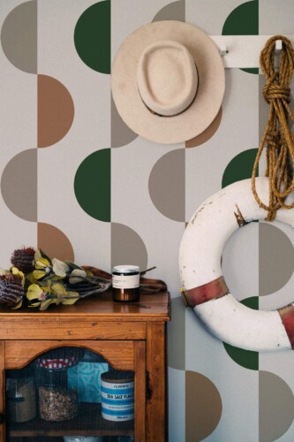 Coastal nautical style living room decorated with Bauhaus peel and stick wallpaper
