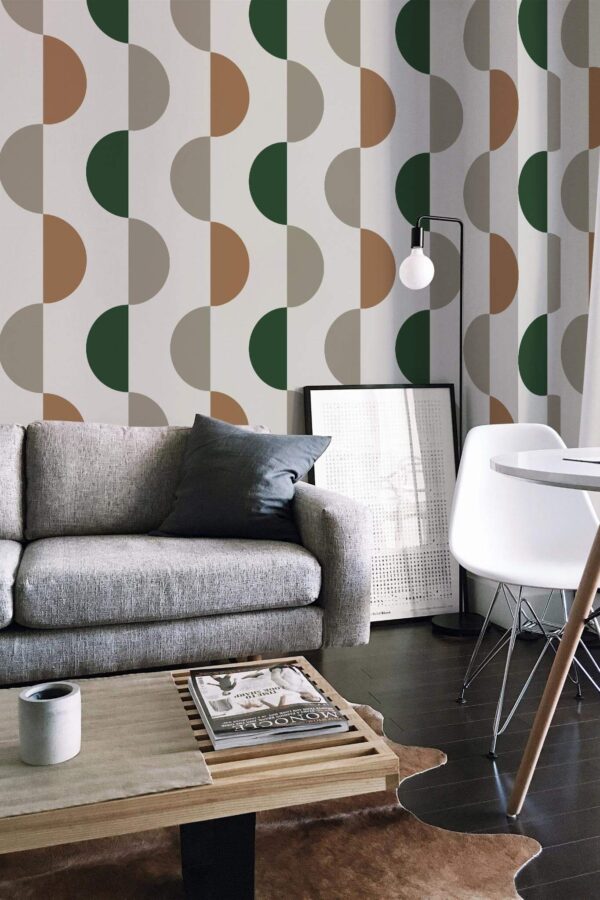 Industrial scandinavian style living room decorated with Bauhaus peel and stick wallpaper