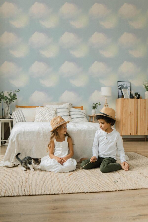 Scandinavian style bedroom decorated with Bay clouds peel and stick wallpaper