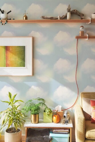 Southwestern style living room decorated with Bay clouds peel and stick wallpaper