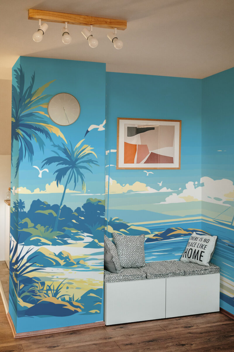 Tranquil Blue Beach Landscape Wall Mural with palms, a sailboat, and sunlit blue waters, perfect for living rooms, coastal homes, or serene accent walls.
