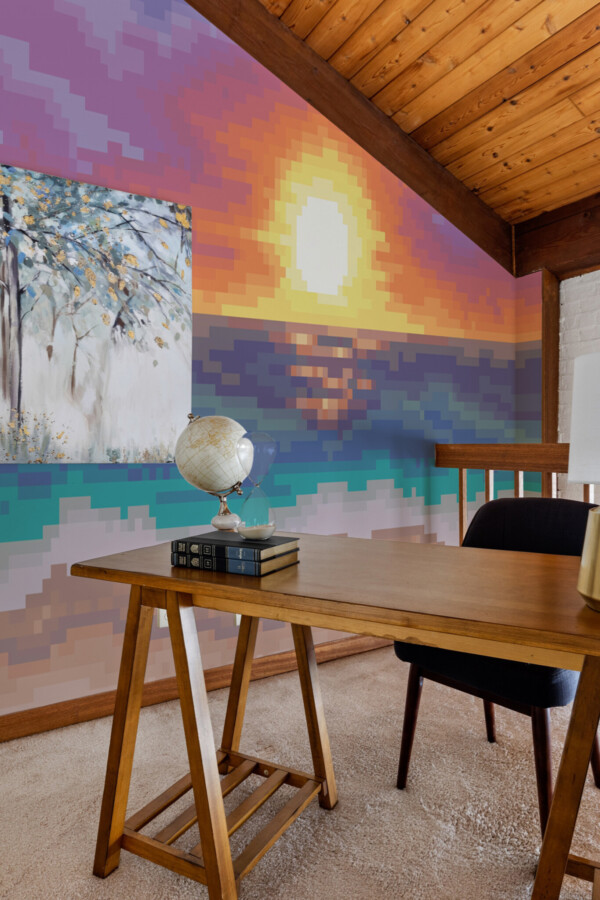 Fancy Walls colorful beach sunset with pixelated orange glow for game rooms and novelty spaces peel and stick wall murals