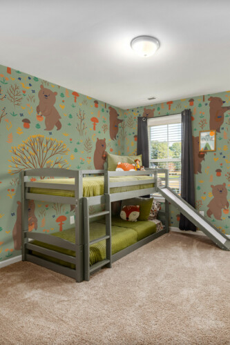 Charming Woodland Bear peel and stick or non-pasted wall mural for kids room and nursery. Fancy Walls cozy and playful forest mural wallpaper - removable self-adhesive or traditional