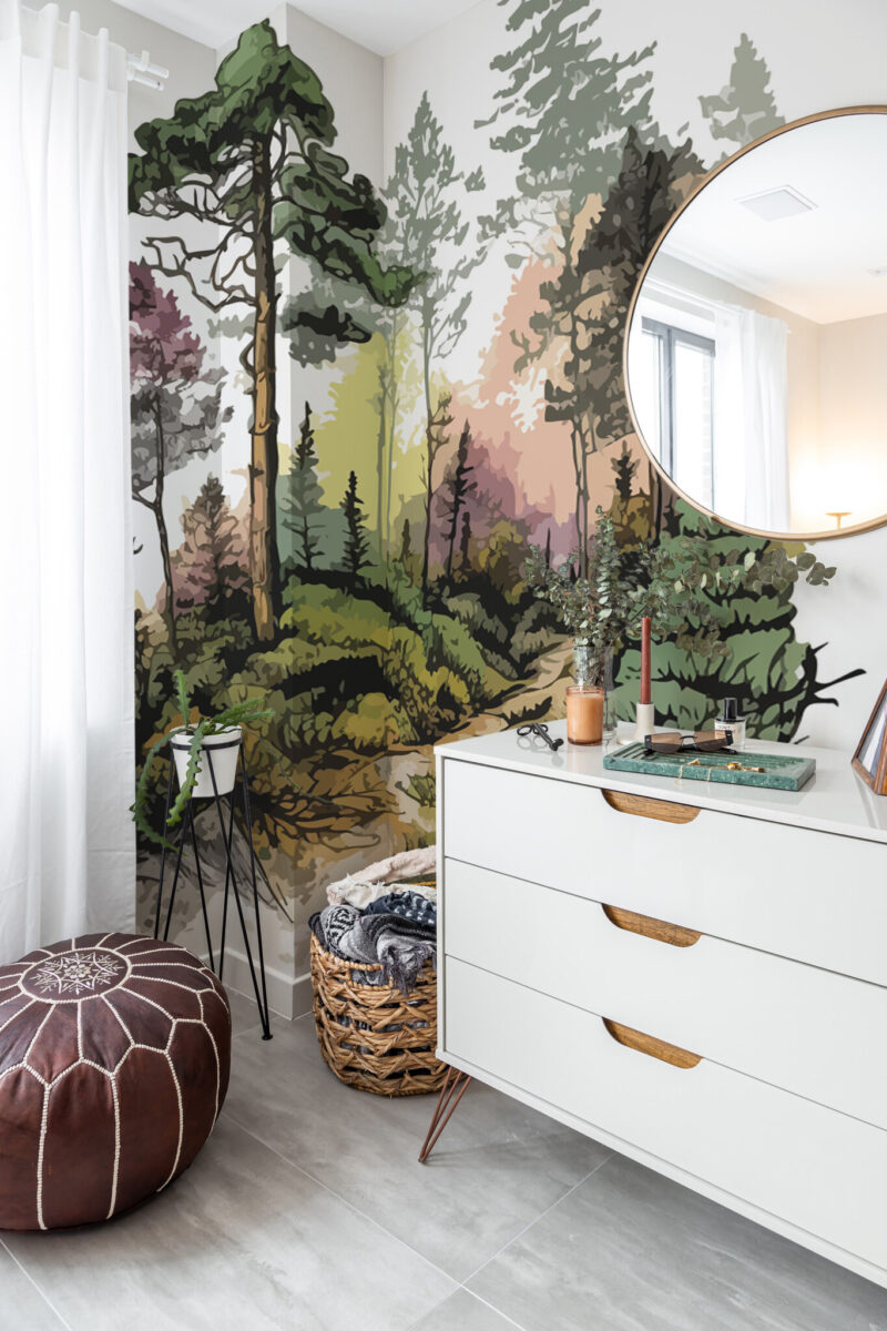 Green Tranquil Forest Wall Mural with watercolor trees in soft green and brown hues on a white background, perfect for living rooms, cozy reading corners, or peaceful accent walls.