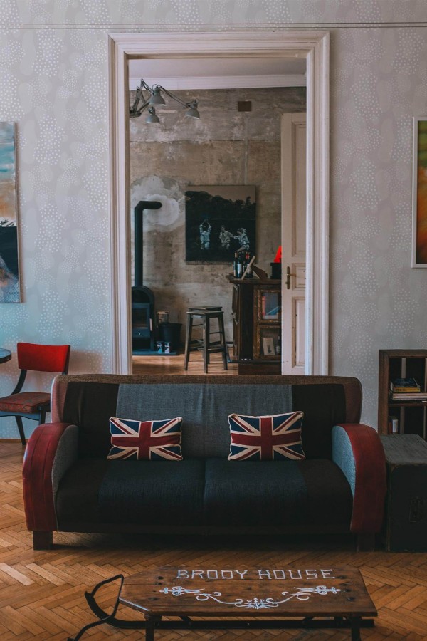 Industrial rustic style living dining room decorated with Beige abstract dotted peel and stick wallpaper