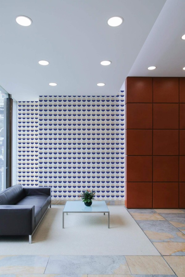Minimal mid-century style living room decorated with Beige and blue circle tile peel and stick wallpaper