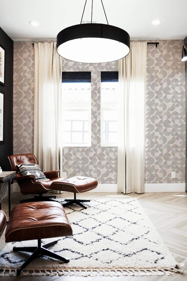 Mid-century-modern style living room decorated with Beige and gray retro peel and stick wallpaper
