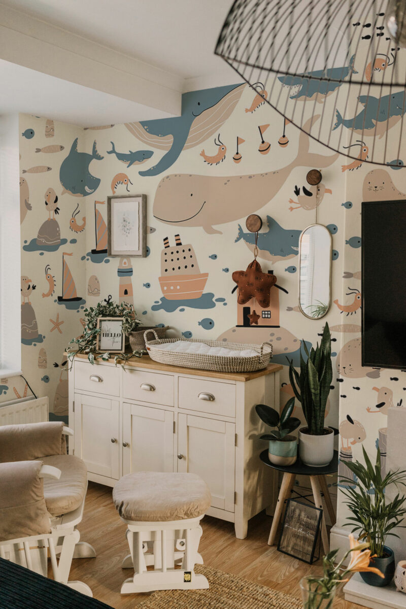 Cute Underwater World peel and stick or non-pasted wall mural. Fancy Walls removable self-adhesive or traditional boho style nautical PVC-free and eco-friendly mural wallpaper for nursery and kids room