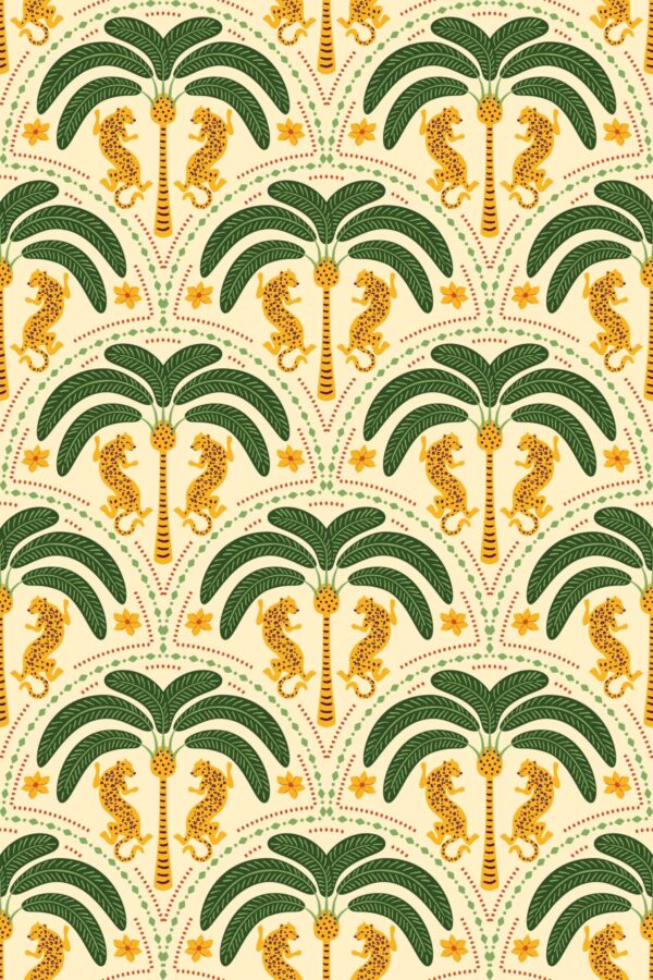 Fancy Walls traditional wallpaper beige tropical palms and art deco tigers