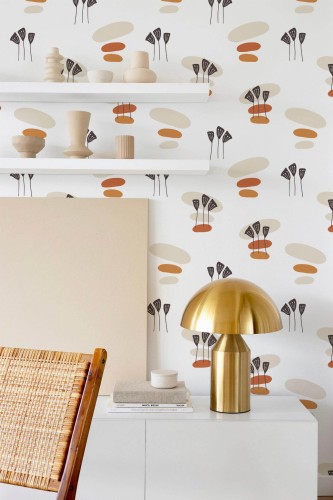 Modern style dining room decorated with Beige boho pattern peel and stick wallpaper