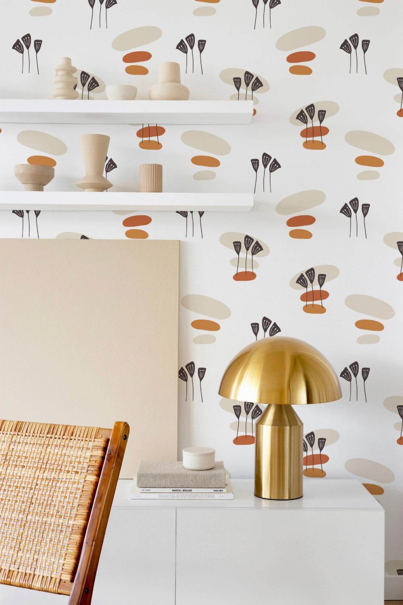Modern style dining room decorated with Beige boho pattern peel and stick wallpaper