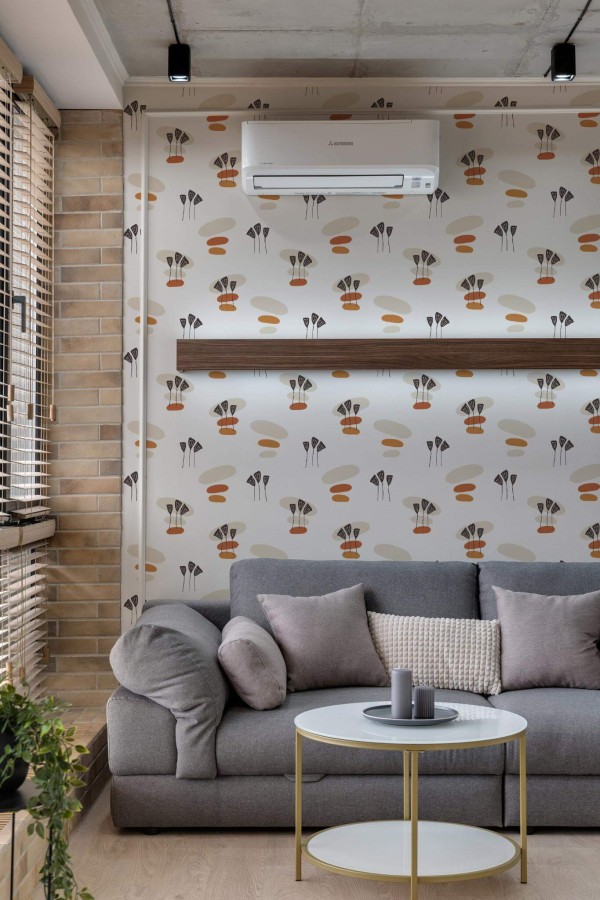 Scandinavian style living room decorated with Beige boho pattern peel and stick wallpaper