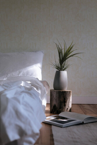 Minimal scandinavian style bedroom decorated with Beige cactus peel and stick wallpaper