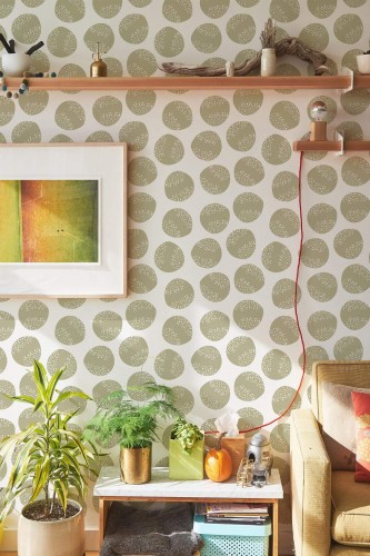 Southwestern style living room decorated with Beige circle peel and stick wallpaper