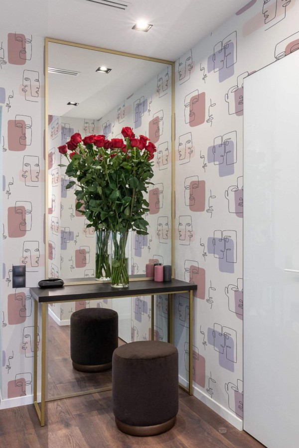 Minimal modern style powder room in a hallway decorated with Beige face peel and stick wallpaper