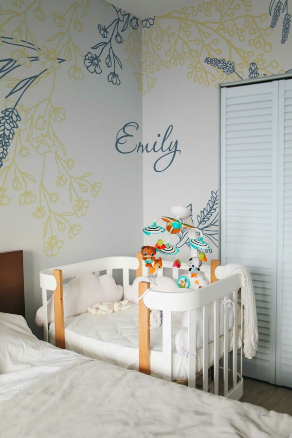 Fancy Walls' self-adhesive wall mural with modern floral patterns for {Your Baby Girl Name}