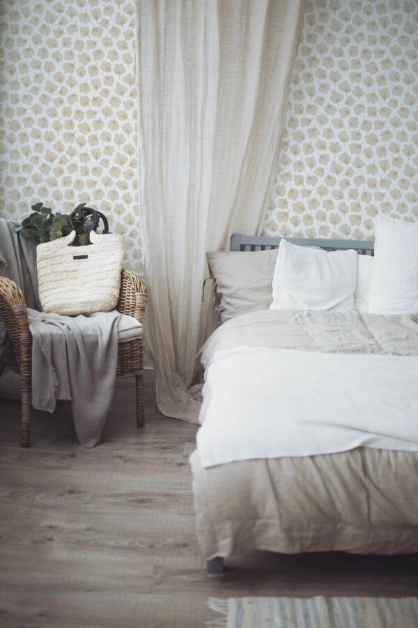 Boho style bedroom decorated with Beige floral peel and stick wallpaper