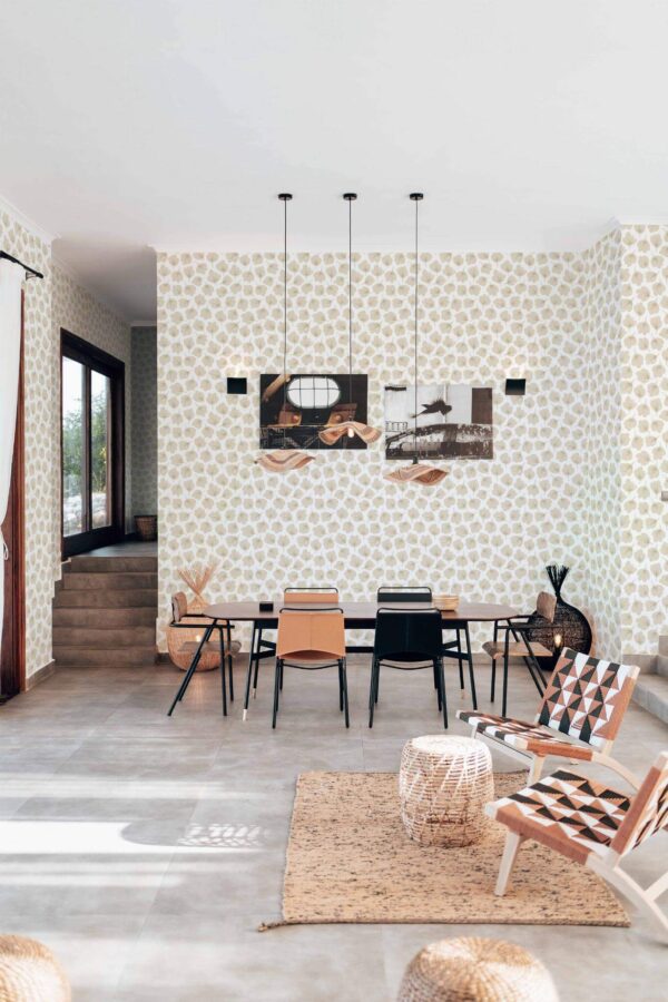 Modern boho style living dining room decorated with Beige floral peel and stick wallpaper