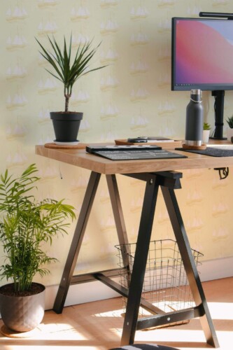 Scandinavian style home office decorated with Beige marine peel and stick wallpaper