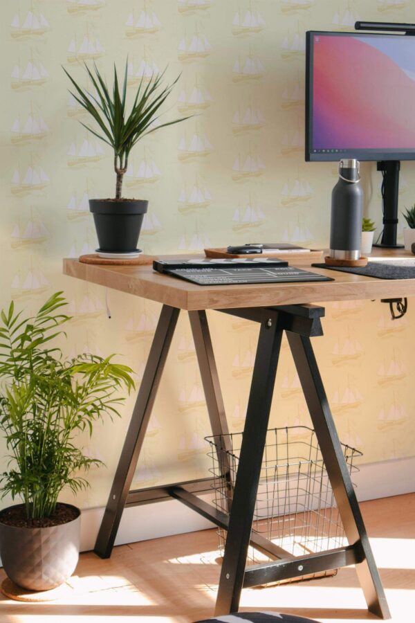 Scandinavian style home office decorated with Beige marine peel and stick wallpaper