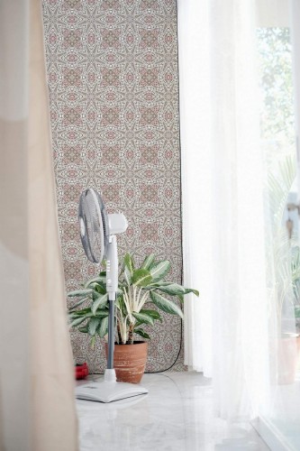 Minimal style living room decorated with Beige oriental geometric peel and stick wallpaper