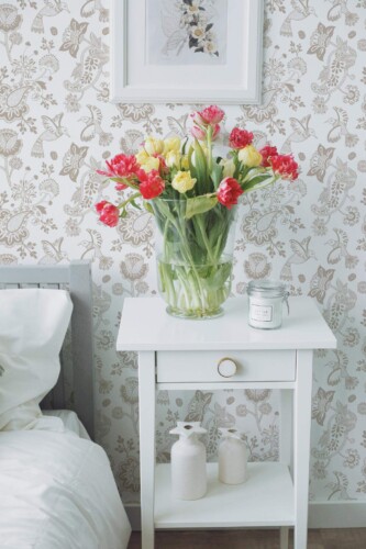 Farmhouse style bedroom decorated with Beige paisley peel and stick wallpaper