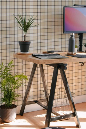 Scandinavian style home office decorated with Beige plaid peel and stick wallpaper