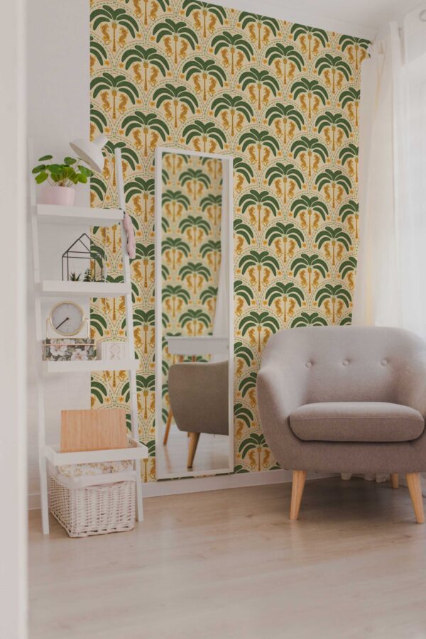Fancy Walls beige plant and tree peel and stick wallpaper tropical art deco tigers