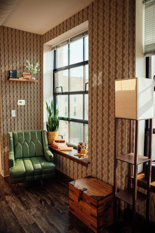 Mid-century style living room decorated with Beige retro peel and stick wallpaper