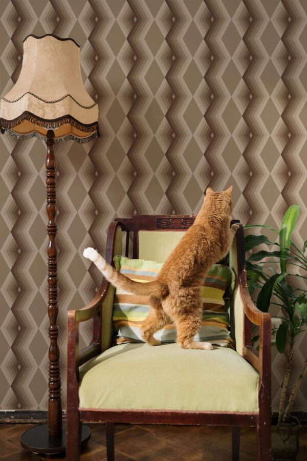 Victorian style living room with a cat decorated with Beige retro peel and stick wallpaper