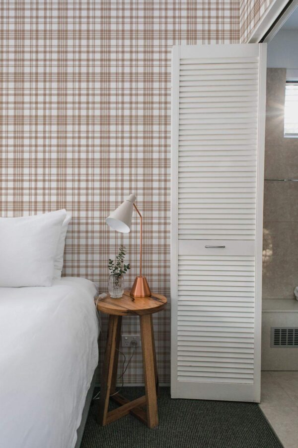 Minimalist style bedroom decorated with Beige seamless plaid peel and stick wallpaper