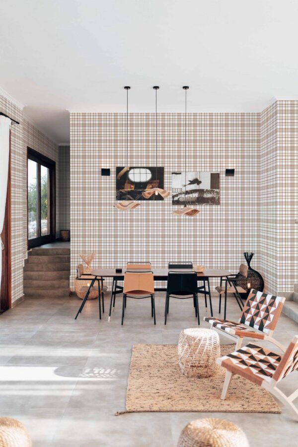 Modern boho style living dining room decorated with Beige seamless plaid peel and stick wallpaper