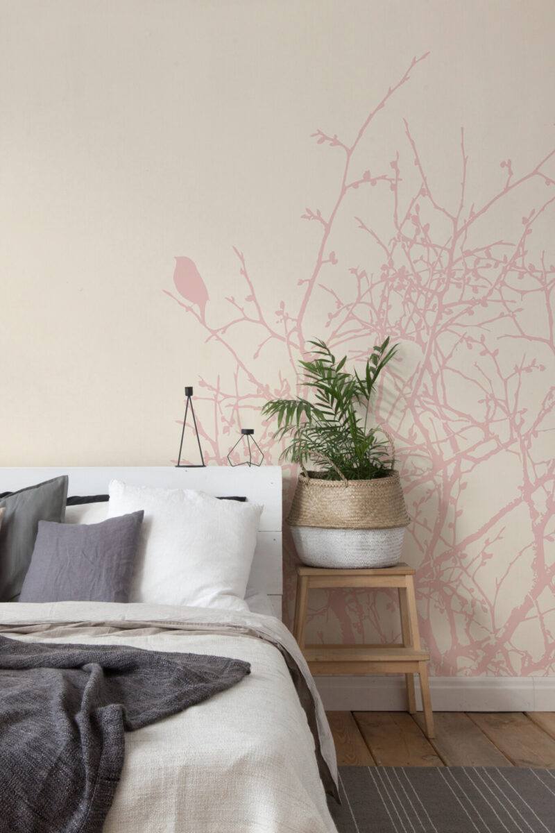Serene Branch Bedroom wall mural with beige and pink tree branches and birds, perfect for bedrooms and serene interiors.