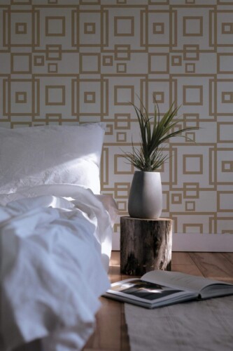 Minimal scandinavian style bedroom decorated with Beige square peel and stick wallpaper