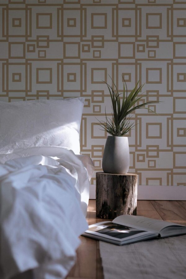 Minimal scandinavian style bedroom decorated with Beige square peel and stick wallpaper