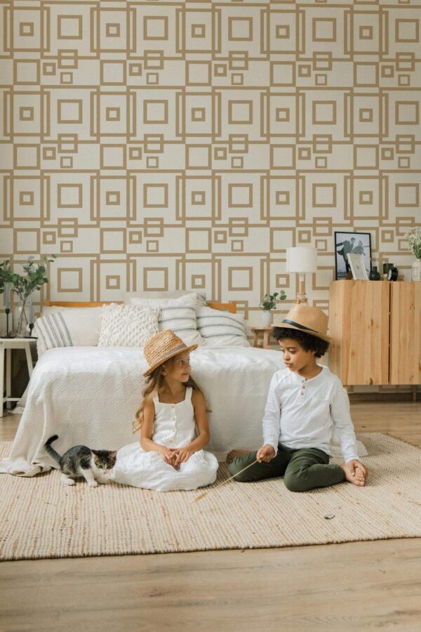 Scandinavian style bedroom decorated with Beige square peel and stick wallpaper