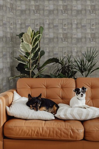 Mid-century modern style living room decorated with Beige stone tile peel and stick wallpaper