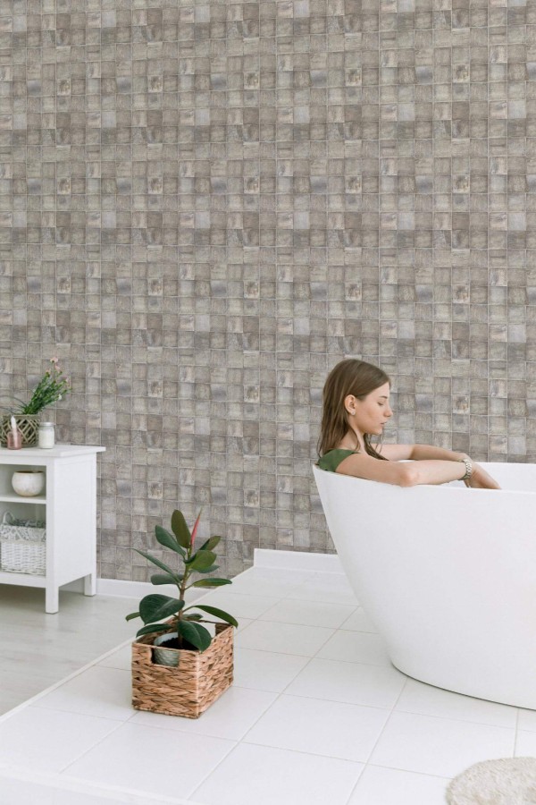 Minimal style bathroom decorated with Beige stone tile peel and stick wallpaper