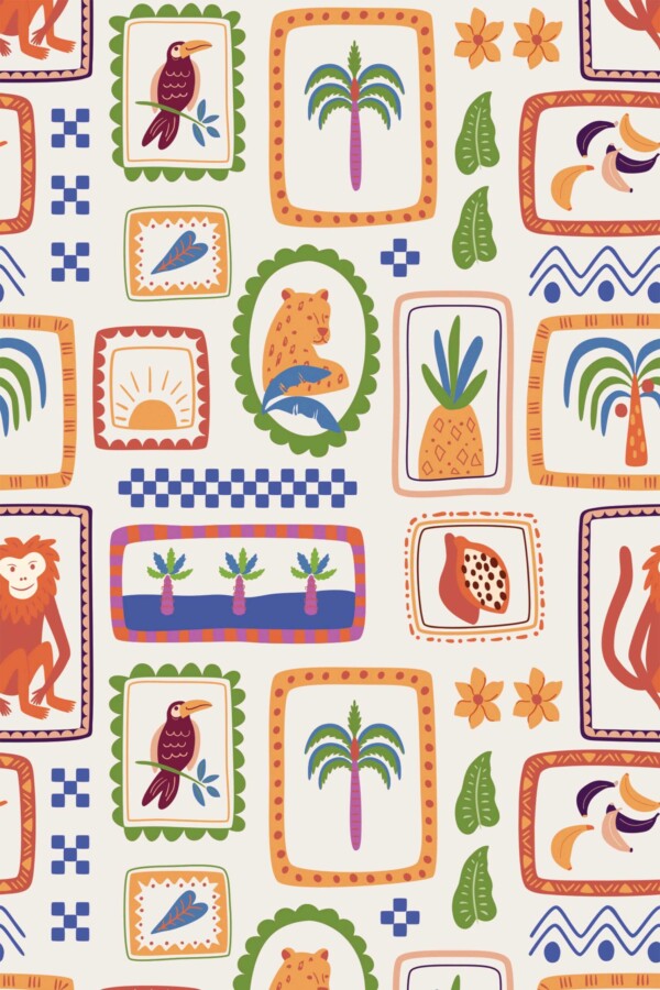 Fancy Walls traditional wallpaper tropical beige animal framed design