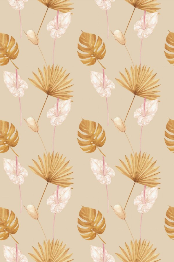 Pattern repeat of Beige tropical leaf removable wallpaper design