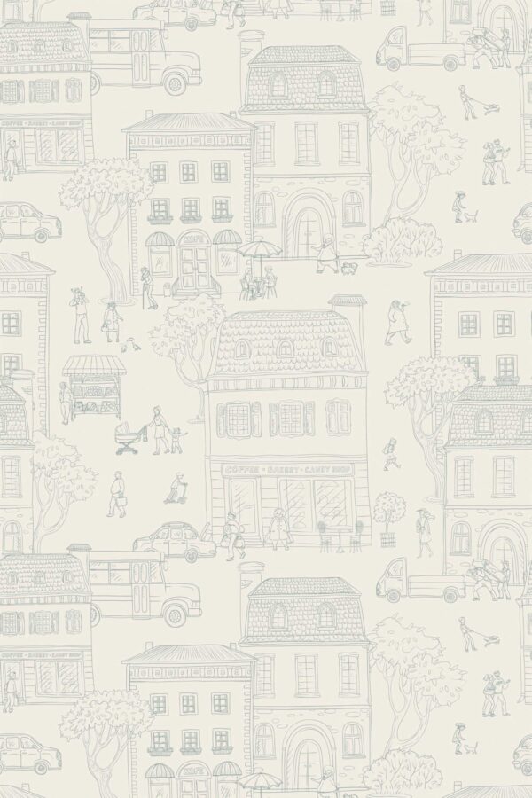 A detailed close-up of the city-themed wallpaper in beige, showcasing sketched buildings, trees, and tiny figures. The seamless pattern brings playful yet subtle charm to bakery walls or family dining rooms. Ideal for neutral and fun interior styles, this Fancy Walls wallpaper complements traditional, eclectic, or soft contemporary spaces.
