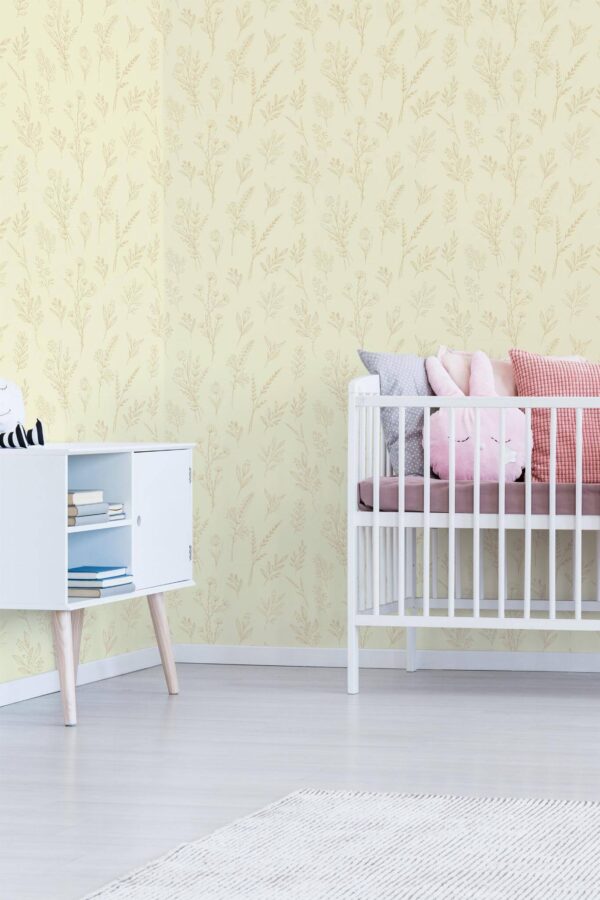 Minimal girly style nursery decorated with Beige wildflowers peel and stick wallpaper