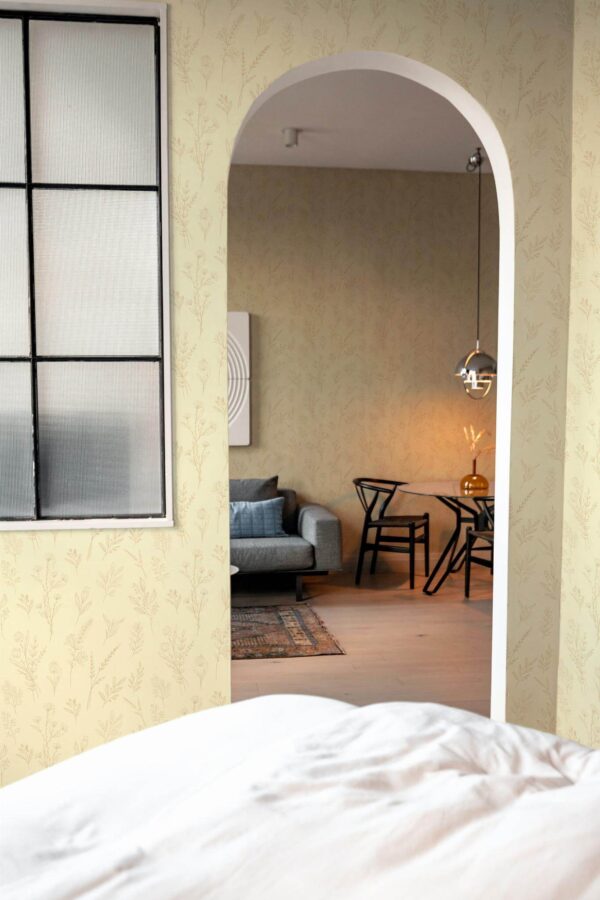 Modern scandinavian style living room decorated with Beige wildflowers peel and stick wallpaper