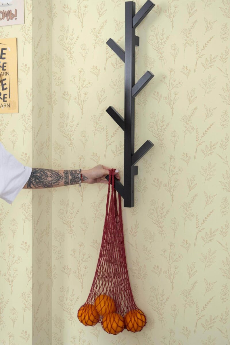 Scandinavian style kitchen decorated with Beige wildflowers peel and stick wallpaper